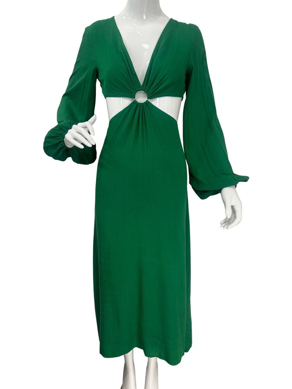 Runaway Front Ring Cut-Out V-Neck Puff Sleeve Midi Dress Green Women's Size XS